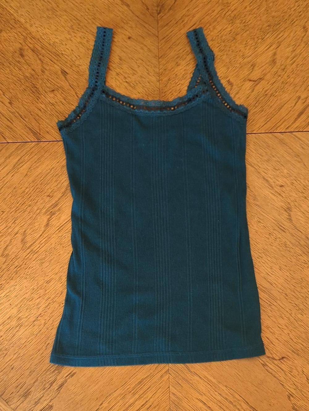 Y2K The Limited Deep Teal Green Ribbed Lace-Trim Tank Top Coquette Twilight